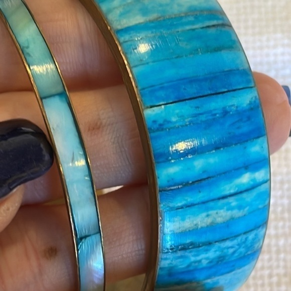 Blue natural shell wide and narrow brass bangle vintage nice quality bracelets - Picture 3 of 7